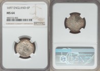 William III 6 Pence 1697 MS64 NGC, KM496.1, S-3538. Light russet toning over extremely lustrous surface, partial weakness on reverse cross. 

HID09801...
