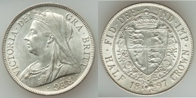 Victoria 1/2 Crown 1897 AU/UNC, KM782, S-3938. 31mm. 14.16gm. Mature draped bust left / Crowned and quartered spade shield within wreath. A few too ma...