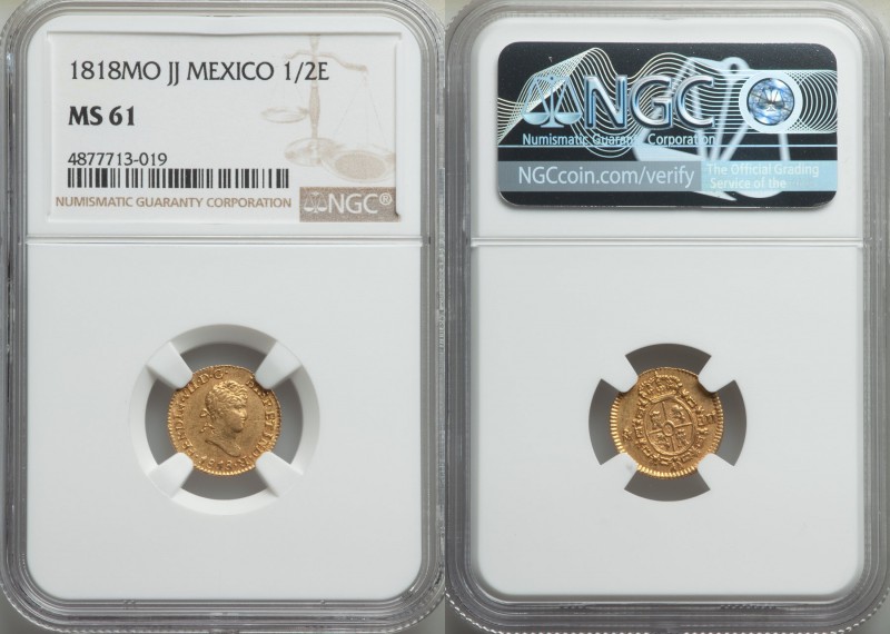 Ferdinand VII gold 1/2 Escudo 1818 Mo-JJ MS61 NGC, Mexico City mint, KM112, Cal-...