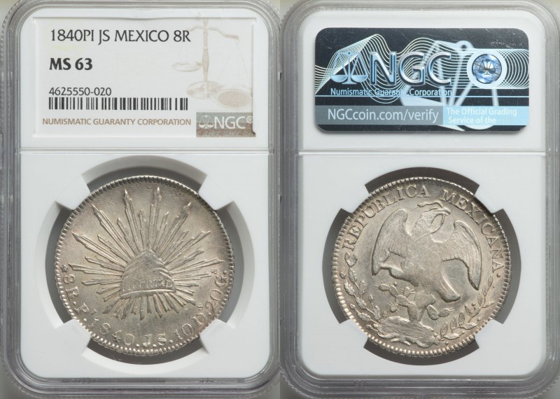 Republic 8 Reales 1840 Pi-JS MS63 NGC, San Luis Potosi mint, KM377.12, DP-Pi15. ...