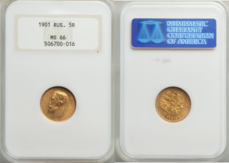 Nicholas II gold 5 Roubles 1901 MS66 NGC, St. Petersburg mint, KM-Y62.

HID09801...