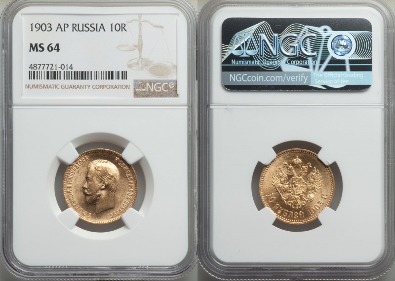 Nicholas II gold 10 Roubles 1903-AP MS64 NGC, St. Petersburg mint, KM-Y64.

HID0...