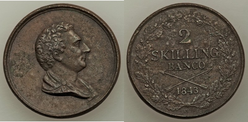 Karl XIV Johan copper Pattern 2 Skilling Banco 1843 XF (reverse corrosion), KM-P...