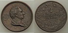 Karl XIV Johan copper Pattern 2 Skilling Banco 1843 XF (reverse corrosion), KM-Pn45, SM-210. 33mm. 18.41gm. From the Engelen Collection of World Coina...