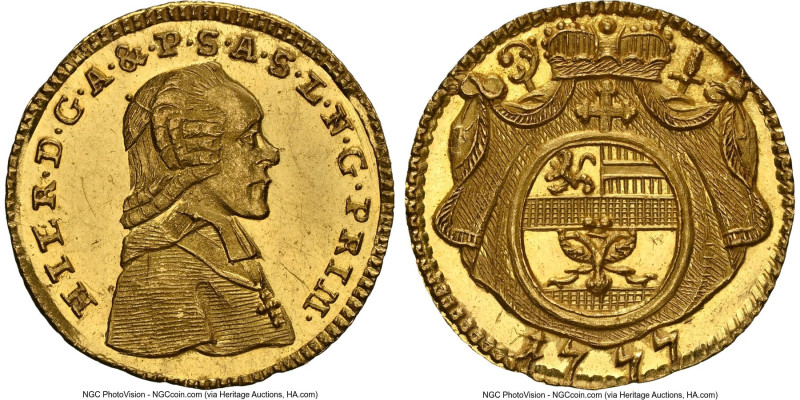 Salzburg. Hieronymus gold 1/4 Ducat 1777 MS63 Prooflike NGC, KM443, Fr-883. HID0...