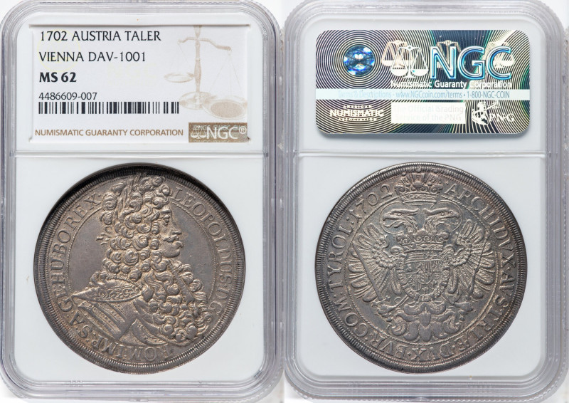 Leopold I Taler 1702 MS62 NGC, Vienna mint, KM1413, Dav-1001. Rarely ever seen i...