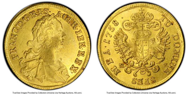 Franz I gold Ducat 1758-NB AU55 PCGS, Nagybánya mint, KM1725.2, Fr-188. A scarce...