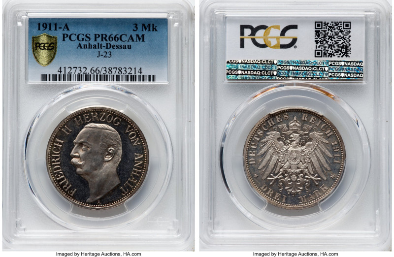 Anhalt-Dessau. Friedrich II Proof 3 Mark 1911-A PR66 Cameo PCGS, Berlin mint, KM...