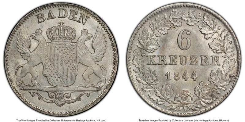 Baden. Leopold I 6 Kreuzer 1844 MS67 PCGS, KM210. Tied for the finest between bo...