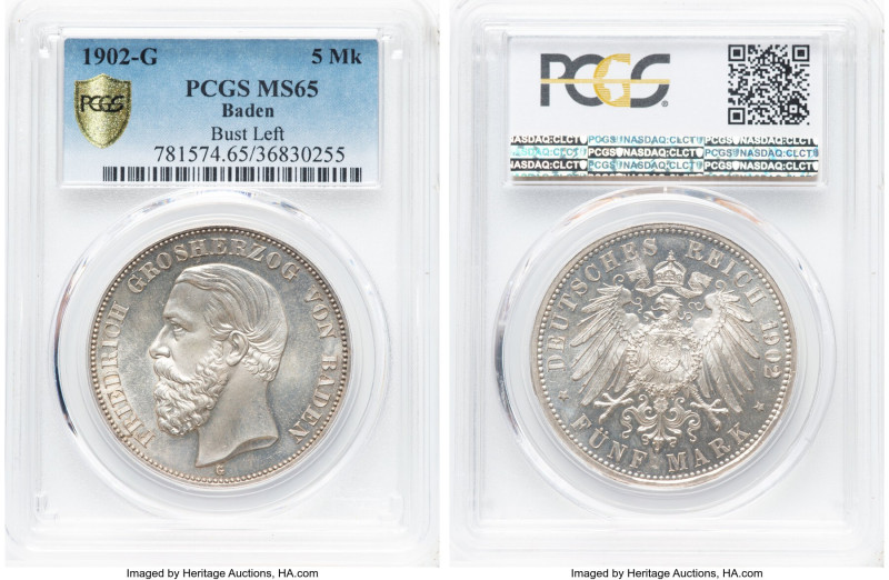 Baden. Friedrich I 5 Mark 1902-G MS65 PCGS, Karlsruhe mint, KM268, Dav-533, J-29...