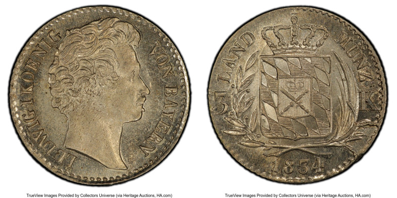 Bavaria. Ludwig I 3 Kreuzer 1834 MS67 PCGS, KM391. A conditional outlier and the...