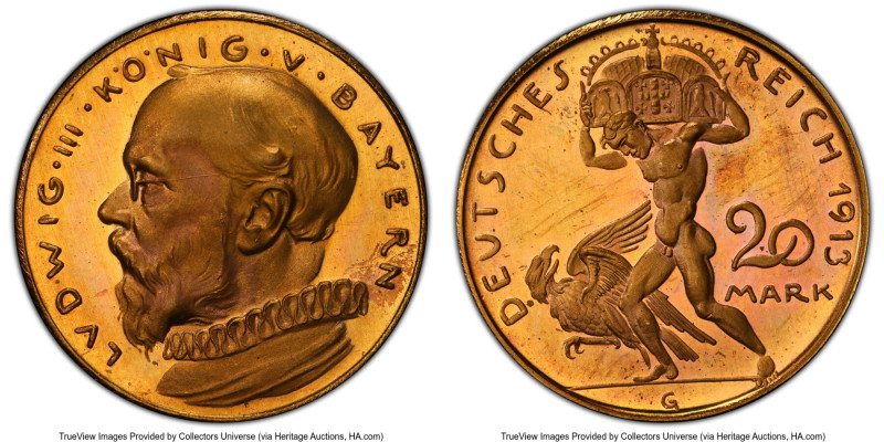 Bavaria. Ludwig III copper Proof Pattern 20 Mark 1913 PR66 Red and Brown PCGS, K...