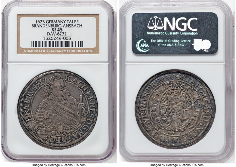 Brandenburg-Ansbach. Joachim Ernst Taler 1623-CS XF45 NGC, Dav-6232. A seldom-en...