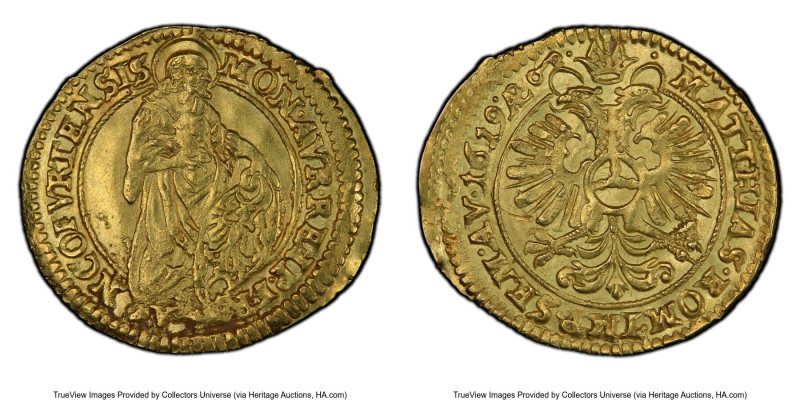 Frankfurt. Free City gold Goldgulden (Ducat) 1619-AE AU58 PCGS, KM54, Fr-960. In...