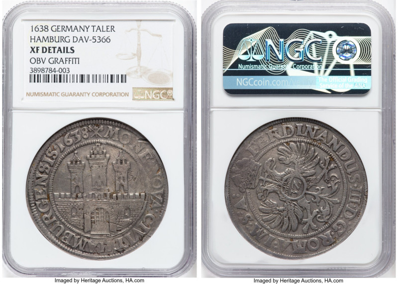 Hamburg. Free City Taler 1638 XF Details (Obverse Graffiti) NGC, KM210.1, Dav-53...