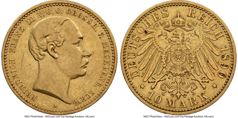 Mecklenburg-Schwerin. Friedrich Franz III gold 10 Mark 1890-A XF Details (Cleane...