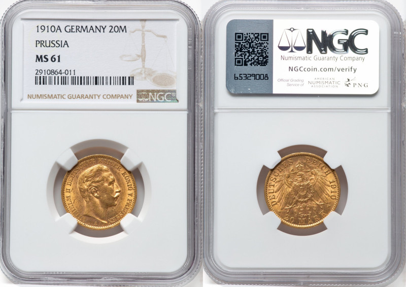 Prussia. Wilhelm II gold 20 Mark 1910-A MS61 NGC, Berlin mint, KM521. HID0980124...