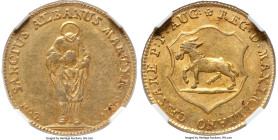 Saint Alban. Abbey gold Gulden 1780 AU53 NGC, KM17, Fr-1694. A rare and fascinating emission featuring a depiction of St. Alban, the city's namesake, ...
