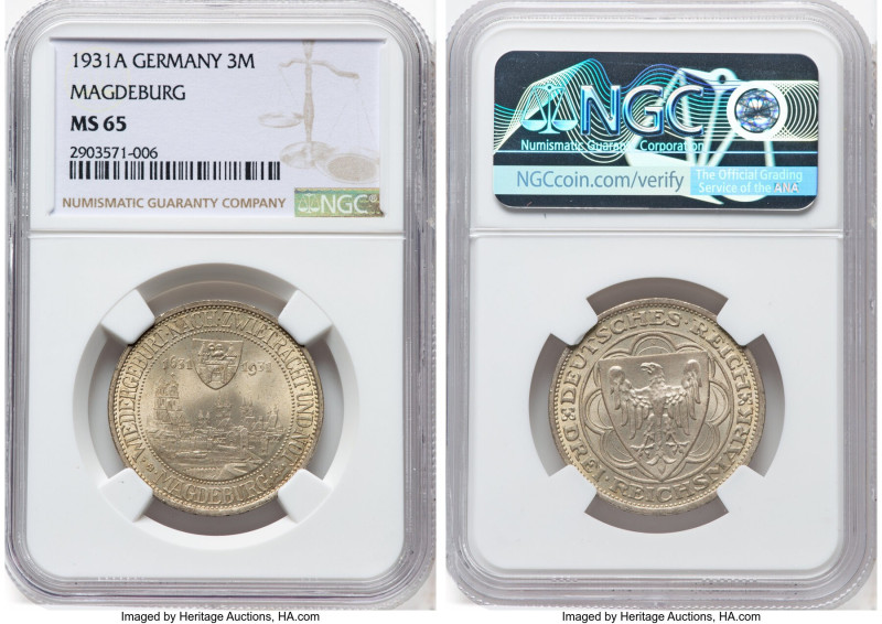 Weimar Republic "Magdeburg" 3 Mark 1931-A MS65 NGC, Berlin mint, KM72, J-347. 30...