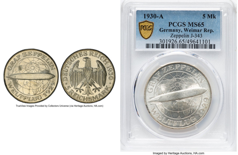 Weimar Republic "Zeppelin" 5 Mark 1930-A MS65 PCGS, Berlin mint, KM68, J-343. HI...