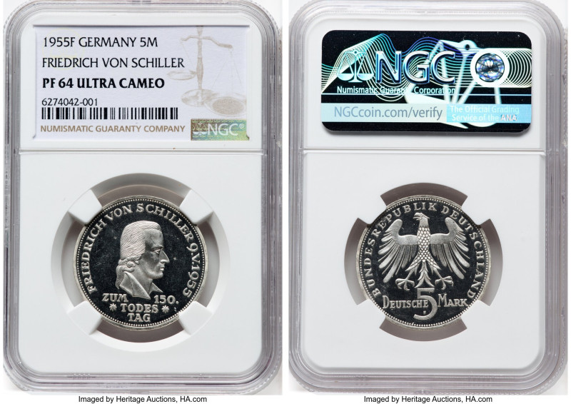 Federal Republic Proof "Schiller" 5 Mark 1955-F PR64 Ultra Cameo NGC, Stuttgart ...