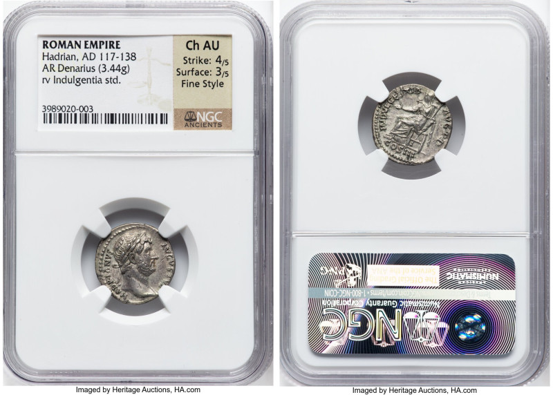 Hadrian (AD 117-138). AR denarius (18mm, 3.44 gm, 7h). NGC Choice AU 4/5 - 3/5, ...