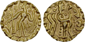 SAMATATA: Sridharana, Rata dynasty, ca. 664-675, AV dinar (5.64g), ECB-SAM.15, Zeno-197621, king standing, holding arrow in right hand and arrow in le...