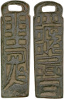 WESTERN LIAO (QARA-KHITAY):, AE Daoist pendant tablet (charm) (43.46g), cf. Zeno-294219 for a somewhat similar example, 20 x 66mm copper/brass Daoist ...