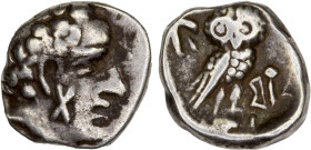 SABAEAN: Anonymous, AR 1/4 unit (1.28g), 3rd-2nd century BC, Huth-276, male head right, mark of value on cheek // owl standing right with head facing,...