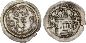 HEPHTHALITE: Anonymous, ca. 486-490+, AR drachm (3.77g), G-, derived from Göbl-176 of Peroz, with normal winged crown of Peroz, meaningless obverse le...