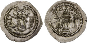 HEPHTHALITE: Anonymous, ca. 486-490+, AR drachm (4.00g), G-, derived from Göbl-176 of Peroz, with normal winged crown of Peroz, symbol left on obverse...