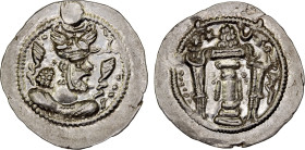 HEPHTHALITE: Anonymous, ca. 486-490+, AR drachm (4.10g), G-, derived from Göbl-176 of Peroz, with normal winged crown of Peroz, meaningless legends bo...