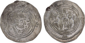 HUNNIC TRIBES: Hephthalite region, ca. 670-700, AR drachm (3.62g), cf. Zeno-207745, imitation of a standing Sasanian drachm of Khusro II (591-628) fro...