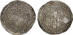 WESTERN TURKS: Sandan Vakhu Deva, early 8th century, AR drachm (3.18g), G-244, Zeno-317041, trilingual type derived from a standard Sasanian design, w...