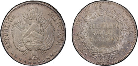 BOLIVIA: Republic, AR boliviano, Potosi, 1868/7-PTS, KM-152.2, assayer FE, lustrous fields, rare overdate, PCGS graded AU53.

Estimate: USD 150 - 20...