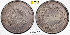 BOLIVIA: Republic, AR boliviano, 1871, KM-152.3, lustrous fields, PCGS graded AU58.

Estimate: USD 125 - 175