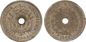 BOLIVIA: Republic, 10 centavos, 1883-A, KM-170.2, with center hole as made, one-year type, a lovely example! PCGS graded MS66, ex Almer H. Orr III Col...