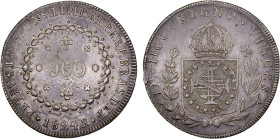 BRAZIL: Pedro I, 1822-1831, AR 960 reis, 1824-R, KM-368.1var, Maldonado-472.18, variety with CONS. TIMP in legend and 29 tulips, small edge defect at ...