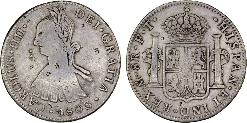 MEXICO: Carlos IV, 1788-1808, AR 8 reales, 1803-Mo, KM-109, assayer FT, with the...