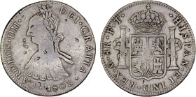 MEXICO: Carlos IV, 1788-1808, AR 8 reales, 1803-Mo, KM-109, assayer FT, with the bust modified into a left-facing laureate bust, hairlines, VF. These ...