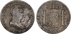 MEXICO: Fernando VII, 1808-1821, AR 8 reales, 1820-Mo, KM-111, assayer JJ, with an additional left-facing laureate bust carved into the obverse right ...