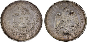 MEXICO: Revolutionary Issue, AR peso, Guerrero, 1915, KM-672, Taxco issue, silver with 0.3g of gold, one-year type, small toning blotch on obverse, XF...