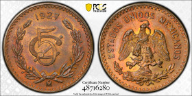 MEXICO: Estados Unidos, AE 5 centavos, 1927-Mo, KM-422, much mint red coloration, PCGS graded MS64 RB.

Estimate: USD 75 - 100