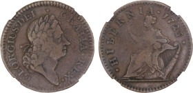 UNITED STATES: Colonial: George I, 1714-1727, AE halfpenny, 1723/2, KM-23.1, Wood's Hibernia issue, overdate certain, better variety, nice surfaces, N...