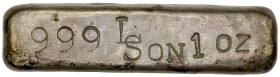 UNITED STATES: AR ingot, ND (1970s), vintage silver ingot stamped "999 LSON (logo) 1 OZ.", somewhat crude, VF. This bar was produced by Lawrence and S...