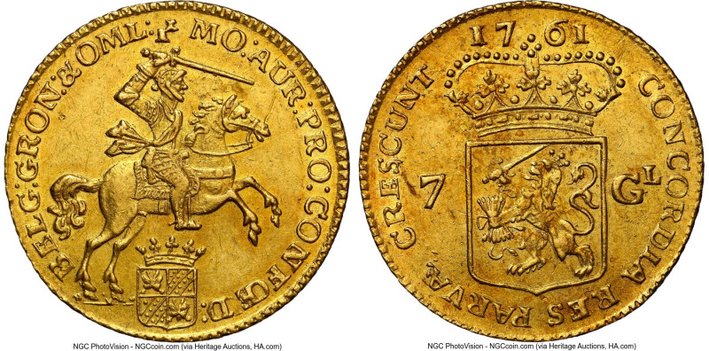 Groningen & Ommeland. Provincial gold 7 Gulden (1/2 Golden Rider) 1761 AU58 NGC,...