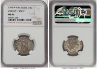 Dutch Colony. United West India Company 1/4 Gulden 1794-W MS65 NGC, Utrecht mint, KM2, Scholten-1355a. "W" above FOED variety. Practically unattainabl...