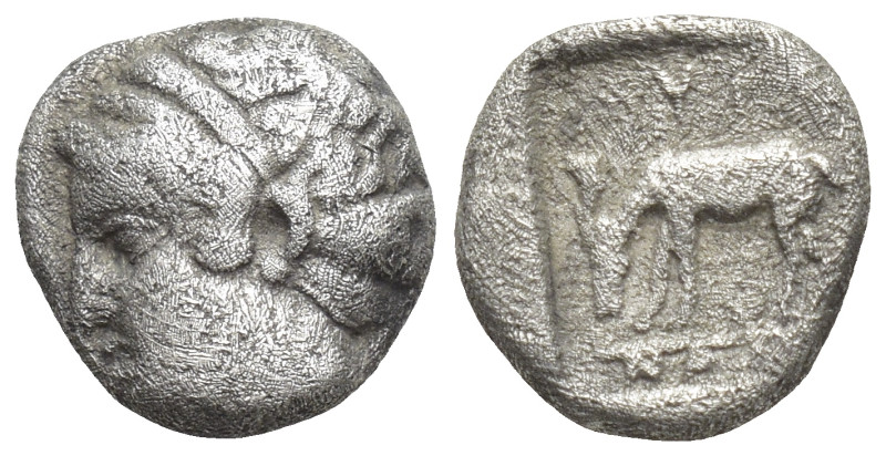 Aeolis, Myrina. AR Diobol, (9mm, 1.0 g). 4th century BC. Obv.: Head of nymph lef...