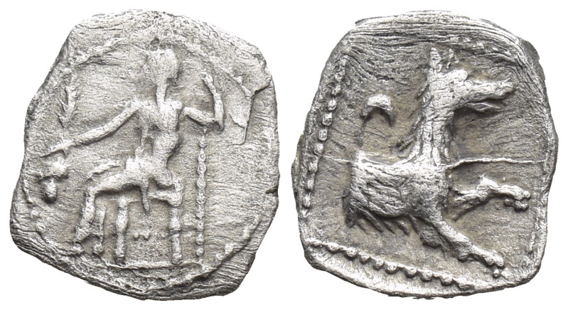 Lycaonia, Laranda AR Obol 4th century BC (9mm, 0,5 g). Baaltars seated left, hol...