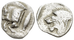 MYSIA. Kyzikos. Obol (Circa 525-475 BC). (0.78 Gr. 10mm.)
Forepart of boar left; tunny to right. 
Rev. Head of roaring lion left.